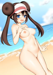 1girls beach blue_eyes blush breasts brown_hair collarbone double_bun female hat long_hair looking_at_viewer medium_breasts naked navel nipples nude nude_female open_mouth pokemon pokemon_bw2 pussy rosa_(pokemon) solo thighs toshishikisai twintails