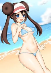 1girls beach bikini bikini_bottom bikini_top blue_bikini blue_eyes blush breasts brown_hair collarbone female hat long_hair looking_at_viewer medium_breasts navel nipple_bulge open_mouth pokemon pokemon_bw2 rosa_(pokemon) solo thighs toshishikisai twintails