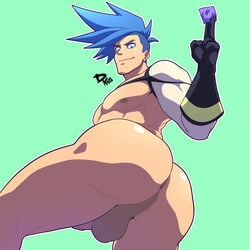 ass bara big_ass big_butt blue_hair bottom dkmate galo_thymos gay male male_focus male_only muscle muscular muscular_male nipples penis promare solo_male thick thick_ass white_skin yaoi