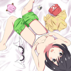 1girls black_hair bow_panties bra breasts character_doll clothes_removed clothing female from_above grey_eyes knees_together_feet_apart legs_together looking_at_viewer matching_underwear medium_breasts negimiso1989 nintendo nipple_pinch nipples open_mouth panties pokemon pokemon_sm purple_eyes selene_(pokemon) short_hair sitting solo topless underwear white_bra white_panties