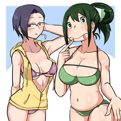 2girls beru_asui bikini blush breasts cleavage finger_to_mouth fire_breath01 glasses green_bikini green_hair hand_behind_head jacket large_breasts looking_at_viewer mika_jiro milf my_hero_academia navel petite purple_bikini purple_hair short_hair simple_background standing thick_thighs tongue_out unzipped yellow_jacket