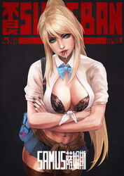 1girls abs blonde_hair blue_eyes cleavage crossed_arms looking_at_viewer metroid monorirogue nintendo red_lipstick samus_aran school_uniform smoking sukeban sultry_eyes