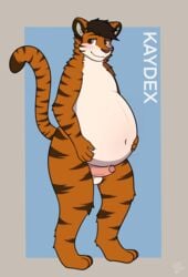 1boy anthro belly big_belly blush domestic_cat expecting felid feline felis foreskin genitals hi_res kaydex male male_only male_pregnancy mammal pantherine partially_retracted_foreskin penis pregnant presenting solo tiger uncut yiko_(artist)