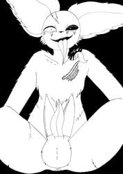 absurd_res anthro big_ears black_sclera collarbone gay genitals hi_res long_tongue male male_only mask multi_genitalia multi_penis no_name penis presenting presenting_penis puppet scar solo tongue tongue_out triphallia weirdlapino