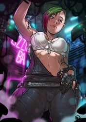 1girls 2020 alternate_breast_size cd_projekt_red cybernetics cyberpunk_(series) cyberpunk_2077 dungarees female_focus female_only ganassa hourglass_figure judy_alvarez large_breasts lesbian lizzie's_bar nipple_bulge overalls tattoo the_mox two_tone_hair