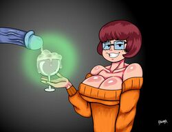 bare_shoulders big_breasts breasts brown_hair cum cum_in_container cum_in_glass dynamik808 ectoplasm ghost glasses gokkun hanna-barbera imminent_gokkun large_breasts penis scooby-doo short_hair tagme velma_dinkley