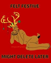 2020 anthro antlers balls baubles beastars brown_body brown_fur cervid cervine christmas english_text feet fur genitals hi_res holidays horn horn_decoration humanoid_feet humanoid_hands louis_(beastars) lying male mammal meme nude on_side one_eye_closed parody red_background red_deer simple_background solo spicedpopsicle text