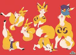 absurd_res anthro breasts canid canine clothing digimon digimon_(species) female finger_fuck fingering fox genitals hi_res huge_filesize mammal nipples pussy renamon simple_background solo thatyellowrad undressing vaginal_penetration