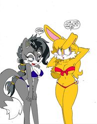 anthro archie_comics big_breasts bikini blush breasts bunnie_rabbot canid canine canis clothed clothing colored duo female fur hi_res lagomorph leporid lupe_the_wolf mammal monochrome navel predator/prey rabbit sonic_(series) sonic_the_hedgehog_(archie) sonic_the_hedgehog_(comics) sonic_the_hedgehog_(series) superbunnygt swimwear under_boob wolf