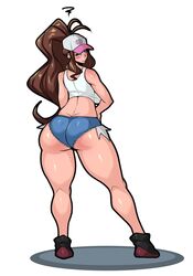 1girls ass bare_shoulders baseball_cap blue_eyes blush breasts brown_hair cutoffs denim denim_shorts female from_behind hands_on_hips hat high_resolution hilda_(pokemon) huge_ass large_breasts long_hair looking_at_viewer looking_back nintendo numbnutus pokemon pokemon_bw ponytail shirt shoes short_shorts shorts sideboob solo tank_top thick_thighs thighs tied_hair very_high_resolution white_background white_shirt