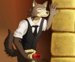 animal_genitalia animal_penis anthro beastars blush bodily_fluids bottomless canid canine canine_penis canis cinnamewroll clothed clothing facial_tuft fur genital_fluids genitals hi_res holding_sheath legoshi_(beastars) male male_only mammal necktie partially_clothed penis precum raised_tail school_uniform sheath smile solo uniform vein veiny_penis wolf