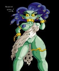 absurd_res areola black_background blue_areola blue_nipples breasts chains clothed clothing dialogue ear_piercing ear_ring english_text european_mythology eyelashes fangs female genitals greek_mythology green_body hi_res humanoid humanoid_pointy_ears living_hair looking_at_viewer lukaerd medusa medusa_(terraria) monster_girl mythology nipples one_breast_out piercing pseudo_hair pupils pussy reptile scalie shackles simple_background slit_pupils snake snake_hair solo terraria text torn_clothing yellow_eyes