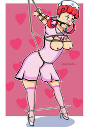 1girls arms_behind ball_gag ballet_heels blush bondage bound bound_ankles bound_arms bound_torso bound_wrists breast_bondage breasts breasts_out crotch_rope gag gagged hearts helpless high_heels nipple_piercing nipples nurse nurse_joy nurse_outfit oncensored piercing piercings poke_ball poke_ball_gag pokemon pokemon_xy restrained ripped_clothing rope rope_bondage solo spreader_bar tied_up torn_clothes