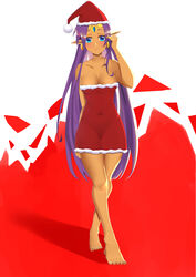 1girls bare_shoulders barefoot blue_eyes blush breasts brown_skin christmas cleavage closed_mouth dark-skinned_female dark_skin earrings feet female_only full_body hair_down hand_on_head highres hoop_earrings jewelry legs lolixia long_hair looking_at_viewer pointy_ears purple_hair santa_costume santa_hat shantae shantae_(character) simple_background smile smooth_skin solo standing tan_skin thighs tiara toes very_long_hair