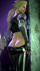 3d 3d_(artwork) ass ass_cleavage athletic athletic_female big_ass blonde_hair butt_crack cassie_cage cleavage corruption enemy_conversion looking_at_viewer metal_arm mooning mortal_kombat mortal_kombat_11 no_panties red_eyes smokescreen117 solo solo_female solo_focus source_filmmaker teasing tight_clothing unseen_male_face