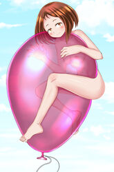 1girls areolae balloon blue_sky blush blush_stickers breasts brown_eyes brown_hair completely_nude completely_nude_female female female_only floating full_body helium holding_object long_hair looking_at_viewer my_hero_academia naked naked_female nipples nude nude_female ochako_uraraka see-through sky smile solo solo_female spread_legs yon_senpai