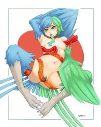 1girls areolae artist_name bird_legs bird_tail blue_eyes blue_feathers blue_hair blue_tongue blue_wings blush breasts choker colored_nipples colored_pussy eyebrows_visible_through_hair feathered_wings feathers female female_only green_eyes green_feathers green_hair green_nipples green_pussy green_tongue green_wings harpy heterochromia highres humanoid living_clothes long_tongue monster_girl multicolored_hair nipple_piercing nude object_insertion open_mouth original pale_skin piercing piercing_pull pussy saliva seraziel small_breasts solo tail_feathers talons tongue tongue_out two-tone_hair vaginal_object_insertion vaginal_penetration winged_arms wings