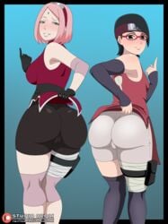 2girls ass big_breasts boruto:_naruto_next_generations bubble_butt dat_ass female female_focus female_only fully_clothed huge_ass large_breasts milf mother_and_daughter multiple_girls naruto naruto:_the_last naruto_(series) sakura_haruno sarada_uchiha short_hair small_breasts studio_oppai