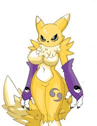 1girls 3_fingers anthro big_breasts black_sclera blue_eyes breasts canid canine claws clothing digimon digimon_(species) digital_media_(artwork) featureless_breasts featureless_crotch female female_only fingerless_gloves fingers fur gloves handwear hips large_breasts mammal navel nude renamon solo solo_female superbunnygt thick thick_thighs thighs white_body white_fur wide_hips yellow_body yellow_fur