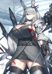 1girls animal_ears arknights big_breasts breasts curvy dress female female_focus frostnova_(arknights) grey_eyes huge_breasts jacket looking_at_viewer melon22 miniskirt pencil_skirt silver_hair skirt solo solo_female solo_focus thick_thighs thighhighs thighs tight_skirt weapon