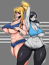 2girls abs absurd_res areola_slip areolae big_breasts black_hair blonde_hair blue_eyes booty_shorts breasts clothing female female_only freckles grey_background grey_eyes hair hi_res huge_breasts large_breasts long_hair looking_at_viewer metroid multiple_girls muscular_female naughty_face nintendo nipple_bulge nipples numbnutus pants ponytail samus_aran seductive seductive_smile shorts smile sports_bra super_smash_bros. thick_thighs video_games voluptuous white_skin wide_hips wii_fit wii_fit_trainer yoga_pants