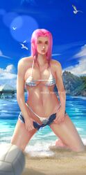 1girls alternate_hairstyle areolae bare_shoulders barefoot beach bikini blue_sky breasts cleavage feet female female_only green_eyes kneeling long_hair nana_(artist) naruto naruto_(series) naruto_shippuden ocean open_shorts pink_hair pubic_hair sakura_haruno sand seagull see-through see-through_bikini short_shorts sky solo swimsuit teasing undressing volleyball_(ball) water wet wet_body wet_hair