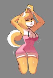 4_fingers anthro arms_up blush butterscotch_(peargor) cameltoe camisole canine closed_eyes closed_eyes collar four_fingers grey_background kneeling motion_lines pink_camisole pink_collar shaking shiba_inu short_hair shorts simple_background tail tbat tight_clothing white_eyebrows white_shorts