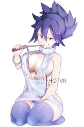 1girls backless backless_outfit big_breasts blue_eyes breasts bsdm cleavage cleavage_cutout clenched_teeth clothing cutout female female_only handcuffs holding_object hotvr kneeling long_hair mature mature_female midnight_(my_hero_academia) my_hero_academia nemuri_kayama object_in_mouth panties purple_hair revealing_clothes seiza sitting stockings sweater teacher tied_hair virgin_killer_sweater whip