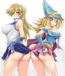 2girls alexis_rhodes artist_request ass blonde_hair blush blushing brown_eyes clothing dark_magician_girl dat_ass duel_monster female female_only green_eyes konami nipples panties showing_ass skirt tagme white_background yu-gi-oh! yu-gi-oh!_gx yuu-gi-ou_duel_monsters