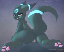 absurd_res ass black_body black_fur canid canine digital_media_(artwork) eeveelution female feral fur furry furry_only genitals hi_res looking_at_viewer looking_back mammal nintendo nude pawoo pokémon_(species) pokemon pussy simple_background smile solo tail umbreon video_games