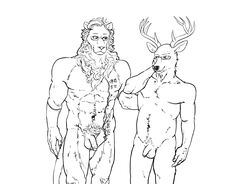 2020 abs absurd_res anthro antlers balls beastars belly black_and_white cervid duo eyewear felid ffog flaccid foreskin genitals glasses hand_on_back hand_on_cheek hi_res horn humanoid_genitalia humanoid_penis ibuki_(beastars) lion looking_at_another male male_only mammal mane monochrome muscular muscular_anthro muscular_male navel nude oguma_(beastars) pantherine penis pubes simple_background slightly_chubby smile standing tattoo uncut white_background