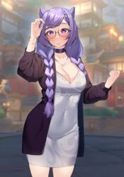 1girls alternate_costume alternate_hairstyle blush braid breasts busty choker coat covered_navel date dress esencey female female_only fully_clothed genshin_impact highres keqing_(genshin_impact) large_breasts looking_at_viewer necklace night open_coat purple_eyes purple_hair round_glasses skin_tight twin_braids twintails white_dress