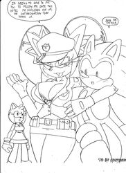 :3 amy_rose anthro badge big_breasts blush bottomwear bra breasts clothed clothing domestic_cat eulipotyphlan felid feline felis female fur group hedgehog hi_res honey_the_cat male mammal monochrome police_uniform skirt sonic_(series) sonic_the_fighters sonic_the_hedgehog sonic_the_hedgehog_(series) straight superbunnygt text underwear uniform