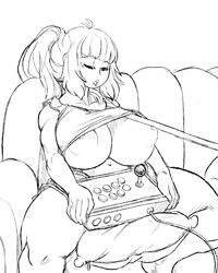 arcade_stick areolae arkman bare_legs breasts clavicle closed_eyes command_grab drooling feet_out_of_frame huge_breasts large_breasts navel nipples peeking_out ponytail shirt_lift short_shorts sitting sleeping stick tank_top tied_hair