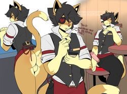 anthro apron ass balls bottomless bottomwear clothed clothing domestic_cat erection eye_patch eyewear felid feline felis genitals hair humanoid_genitalia humanoid_penis male male_only mammal munks_(artist) munks_(munkeesgomu) pants penis raised_tail solo