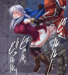 1boy 1girls arm_grab bare_thighs big_breasts blush boots cleavage closed_eyes crying cum cum_inside fire_emblem fire_emblem:_radiant_dawn from_behind from_behind_position grabbing grabbing_from_behind hanemikakko japanese_text leggings leggings_down long_hair micaiah_(fire_emblem) nintendo panties panties_down rape saliva saliva_trail scarf scarf_pull silver_hair soldier straight sweat tears text translation_request white_panties