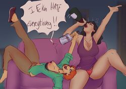 2girls alcohol black_bra bonnie_swanson bra breasts cameltoe couch crying dialogue drunk family_guy female imsofckinlost lois_griffin multiple_girls panties pink_panties vodka