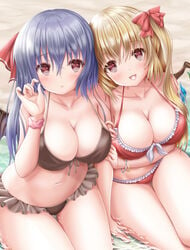 2girls :3 akino_irori alternate_breast_size alternate_costume bangle bare_arms bare_shoulders beach bikini black_bikini black_wings blonde_hair blue_hair bow bracelet breasts cleavage collarbone flandre_scarlet hairbow jewelry large_breasts long_hair looking_at_viewer multiple_girls navel outdoors red_bikini red_bow red_eyes remilia_scarlet siblings sisters sitting smile swimsuit touhou wings wristband