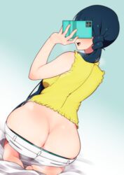 :d anus ass barefoot blue_hair blush breasts commentary_request dutch_angle female full_body highres idolmaster idolmaster_million_live! kitakami_reika long_hair medium_breasts minakami no_panties open_mouth seiza shirt shorts shorts_pull side_ponytail sitting sleeveless sleeveless_shirt smile solo taking_picture very_long_hair white_shorts yellow_shirt