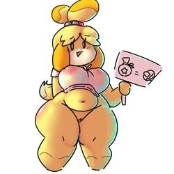 2020 animal_crossing bottomless breasts breasts_visible_through_clothing canid canine canis color color_edit colored crossman edit female fluffy fluffy_tail fur furry furry_only half-dressed holding holding_object holding_sign isabelle_(animal_crossing) mob_face mochikirb mostly_nude naked nintendo nipples nude pussy see-through see-through_clothing shortstack sign tail thick_thighs thighs topwear white_background white_shirt wide_hips yellow_eyes yellow_fur