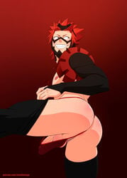 2020 anus arm_sleeves armwear ass ass_focus balls balls_in_panties black_armwear black_legwear bulge charlie_tooga eijirou_kirishima g-string gay gradient_background legwear looking_back male male_focus male_only my_hero_academia nipple no_pants red_eyes red_hair simple_background teeth teeth_clenched teeth_showing thong yaoi