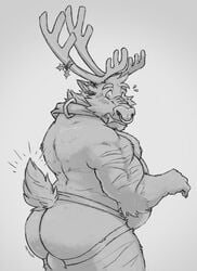 anthro ass balls barazoku capreoline cervid clothed clothing facial_piercing genitals hi_res male male_only mammal monochrome nose_piercing nose_ring overweight overweight_anthro overweight_male pants_down partially_clothed piercing reindeer skaifox solo