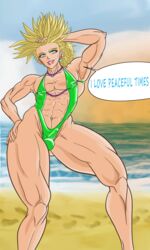 abs bad_anatomy balls_in_panties beach bikini bulge dragon_ball dragon_ball_z earrings lipstick muscular_arms muscular_femboy muscular_legs muscular_thighs muscular_trap navel_piercing one-piece_swimsuit pearls penis_in_panties sissy super_saiyan thick_legs thick_thighs trap trunks_briefs visualdrool