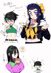 3girls annoyed big_breasts blush boba_tea clothed clothing comparing_breasts cup_on_boobs diamond_is_unbreakable embarrassed female_only flat_chest genderswap genderswap_(mtf) hands-free_bubble_tea jealous jojo's_bizarre_adventure josuke_higashikata long_hair rohan_kishibe rule_63 sailor_uniform school_uniform short_hair shounen_jump small_breasts tapioca_challenge