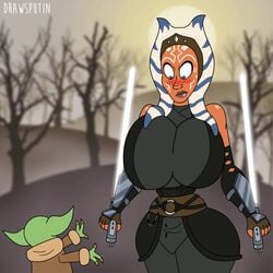1boy 1girls ahsoka_tano alien alien_girl alien_only animated bare_shoulders belt big_breasts big_eyes black_clothing blue_eyes blush bouncing_breasts breast_play breasts clothed clothes clothing dead_tree drawsputin embarrassed facial_markings female fingerless_gloves fondling fondling_breast forest gloves green_skin grogu groping headband hips holding_object holding_sword holding_weapon huge_breasts humanoid hyper_breasts interspecies jiggling_breasts large_breasts larger_female lightsaber looking_down magic orange_skin outdoors robe science_fiction shocked small_pupils smaller_male standing star_wars sweat sword tendrils the_force the_mandalorian thick thick_thighs thighs togruta top_heavy trees weapon white_lightsaber wide_hips yoda's_species