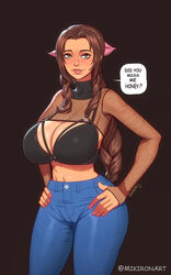 1girls aerith_gainsborough blue_jeans blush bra braided_hair brown_hair busty female female_only final_fantasy final_fantasy_vii fishnet_shirt green_eyes hair_ribbon lingerie mikiron o-ring_bra solo speech_bubble