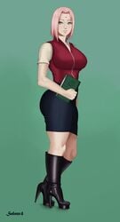 1girls boots female female_only fully_clothed high_heels large_breasts naruto pencil_skirt sakura_haruno salazr4 solo