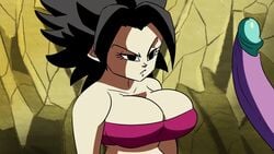 1boy 1girls animated black_eyes black_hair breasts caulifla cleavage cum cum_on_face dragon_ball dragon_ball_super female funsexydragonball huge_breasts light-skinned_female light_skin long_hair mammary_intercourse no_bra no_sound paizuri saiyan shounen_jump spiky_hair titfuck titjob video