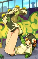 1girls blonde_hair boots bottomless breasts female female_only gloves gum_(jsr) hands_on_legs jet_set_radio legs_up lying_on_back no_panties on_back optionaltypo paint partially_clothed red_eyes sega solo spray_can spray_paint streetwear