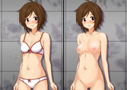 1girls areolae ass_visible_through_thighs bare_shoulders before_and_after blush bottomless bow_bra bow_panties bra breasts brown_hair cameltoe cleavage clenched_teeth collarbone completely_nude embarrassed hairless_pussy kuroi_k-ta light-skinned_female light_skin medium_breasts messy_hair naked navel nipples no_bra no_panties nude panties pantsu pink_nipples pussy shaved_pussy shiny_skin short_hair shy skinny standing the_idolm@ster thin_waist topless uncensored underwear white_skin